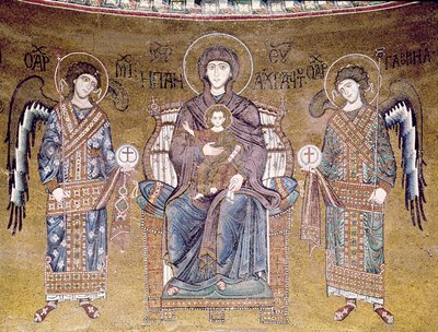 Die Jungfrau und das Kind auf dem Thron zwischen zwei Engeln, aus der Apsis (Mosaik) von Byzantine School